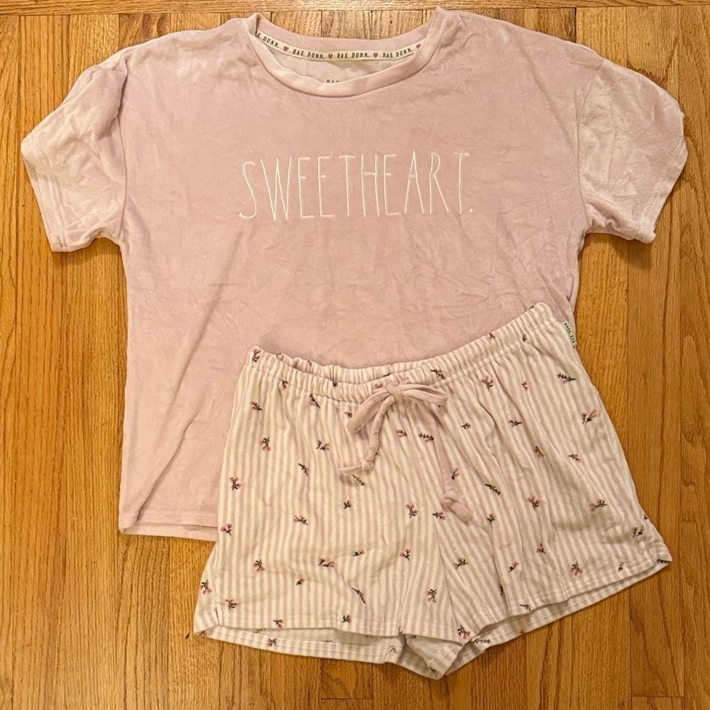 Rae Dunn Velour Pajamas Sweetheart Pink Sleep Shorts Set Women's M